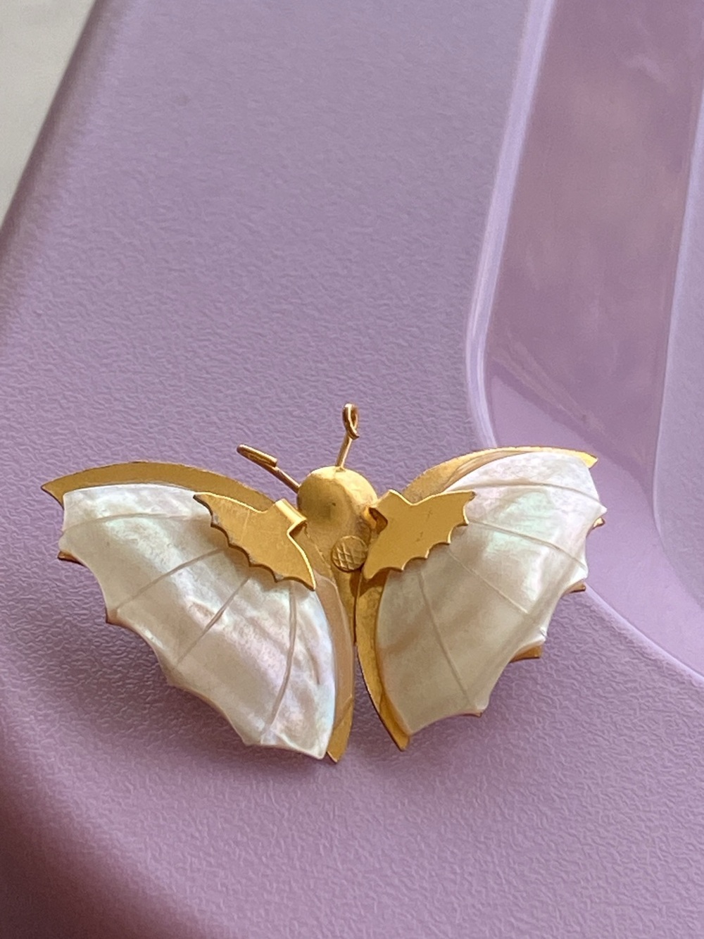 Vintage metal mother of Pearl butterfly brooch